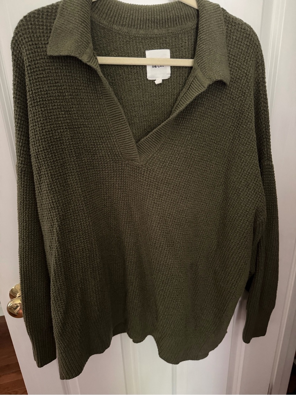 aerie Olive Green V-Neck Collared Knit Sweater